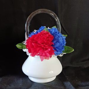 VINTAGE   FENTON White Milk Glass Basket Ruffles Handle Decor Home
